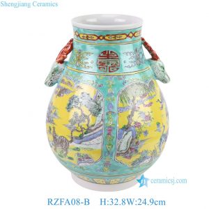 RZFA08-B Famille Rose Porcelain Reserved Panel Tiger and Crane Motifs Deer-Handled Futong Vase From Jingdezhen