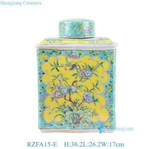RZFA15-E Famille Rose Porcelain Turquoise Green-Ground Reserved Panel Floral and Bird Motifs Square Flat Jar