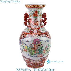 RZFA55-A Kangxi Period Famille Rose Hand Painted Porcelain Red Ground Figure Motifs Double Ears Vase for Collections Villa