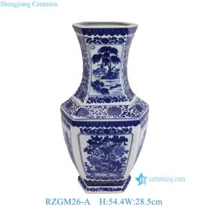 RZGM26-A Wholesale Blue and White Porcelain Openwork Panel Flower and Bird Pattern Hexagonal Vase