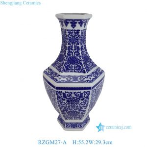 RZGM27-A Wholesale Blue and White Porcelain Intertwined Lotus Pattern Hexagonal Vase