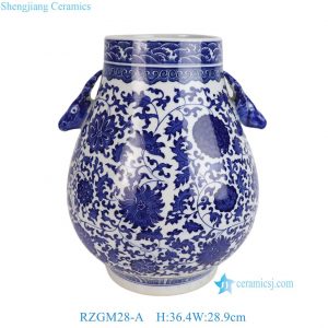 RZGM28-A  Wholesale Blue and White Porcelain Intertwined Lotus Pattern Deer Head Handles Blessing Bucket Porcelain Vase