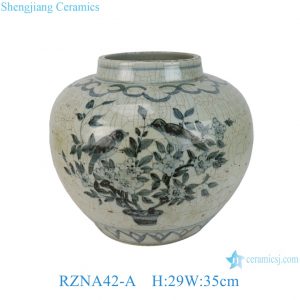 RZNA42-A  Wholesale Blue and White Porcelain Crackle Glaze Bird-and-Flower Pattern Melon-Shaped Round Jar Vase