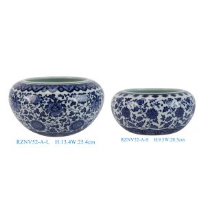 RZNV52-A-L-S  Affordable Blue and White Scroll-leaf Lotus Motif Water Shallow Brush Wash Flower Pots Fish Bowl