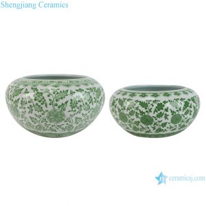 RZNV52-B Green Lotus Pattern Ceramic Planter Bowl Chinoiserie Floral Design Pots for Bonsai and Home Décor