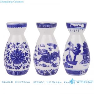 RXAS02-A-B-C Cobalt Blue and White Porcelain Japanese Sake Bottle  Wine Server Asian Bud Vase