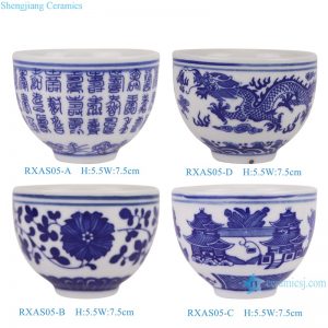 RXAS04/RXAS05/RXAS06 Blue and White Teawares Dragon Floral Landscape and Longevity Words Pattern Ceramic Tea Cup