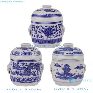 RXAS09-A-B-C White & Blue Dragon Floral Landscape Ceramic Jar Urn Tea Canister with Lid