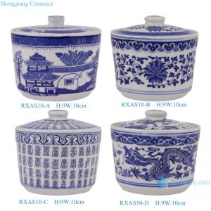 RXAS10-A-B-C-D Chinoiserie Blue and White Tea Canister Village Raised Floral Landscape Pattern Ceramic Pot