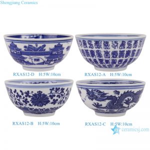 RXAS12/RXAS10-A-B-C-D 4inch/7inch Blue and White Porcelain Leaf Flower and Dragon Pattern Ceramic Rice Bowl Dinnerwares
