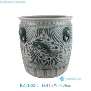 RZFH02-i Jingdezhen Green Glaze Fish Pattern with Lion Ring Handles Wholesale Large Ceramic Planter Outdoor
