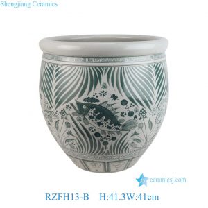 RZFH13-B Jingdezhen Ceramic Large Planter Hand Painted Fish Pattern Green Fish Bowl for Outdoor Garden Wholesale