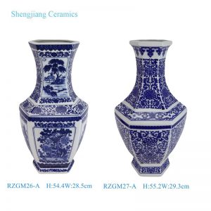 RZGM26-A / RZGM27-A Blue and White Window Opening Flower and Bird Hexagonal Shape Ceramic Flower Vase
