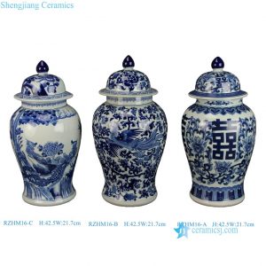 RZHM16-A-B-C  Traditional Chinese Blue and White Porcelain Handpainted Floral Bird, Phoenix, Happniess Letter Pattern Ceramic Jar Urns Pot