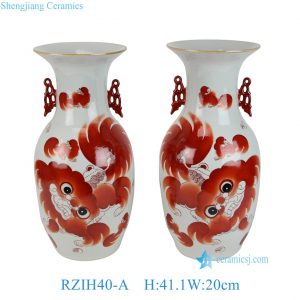 RZIH40-A-pair Red and White Glazed Red Lion Pattern Ceramic Double Ear Tabletop Flower Vase Decoration
