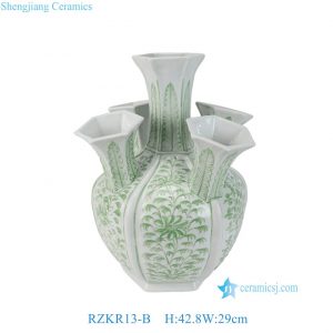 RZKR13-B Hand Painted Green and White Flower Pattern Five Fingers Ceramic Tulip Vase