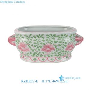 RZKR22-E Pink Green and White Peony Flower Pattern Foot Bath Fish Bowl Ceramic Garden Planter