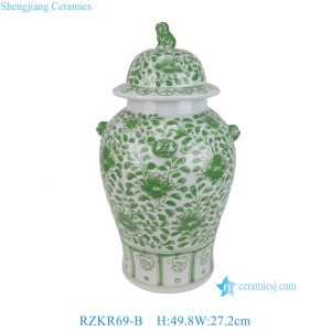 RZKR69-B Luxury Oriental Green Ginger Jar Handpainted Peony Pattern Ginger Jar with Lion Lid