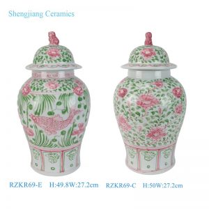 RZKR69-C-E Jingdezhen Porcelain Green and White Pink Flower Fish Pattern Lidded Jar with Foo Dog Finial