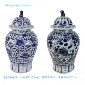 RZKR69-F-G Blue and White Jingdezhen Porcelain Flower Fish Pattern Lidded Porcelain Jar with Foo Dog Finial