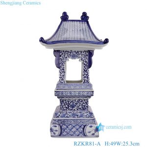 RZKR81-A Wholesale Jingdezhen Blue and White Porcelain Pagoda Sculpture Scrolling Lotus Pattern Temple Tower Ornament