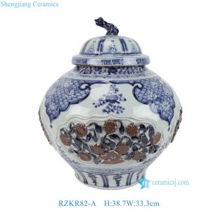 RZKR82-A Luxury Jingdezhen Blue and White Lidded Jar Oriental Underglaze Red Porcelain Flower Jar with Dog Head Lid