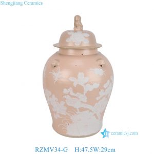RZMV34-G Jingdezhen Beautiful Handmade Pink Ground Carved White Flower Motif Porcelain Temple Jar for Home Decor Hotel Living Room