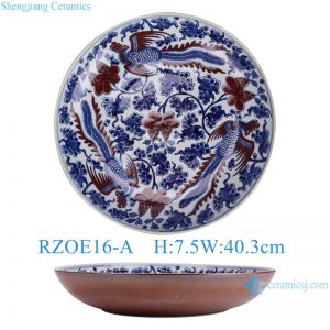 RZOE16-A Blue and White with Underglaze Red Phoenix Porcelain Plate 16" Ceramic Decorative Plate