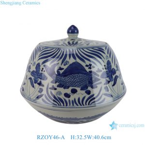 RZOY46-A Blue and white Twisted flower Pattern Handpainted fish and algae Ceramic Lidded Jar