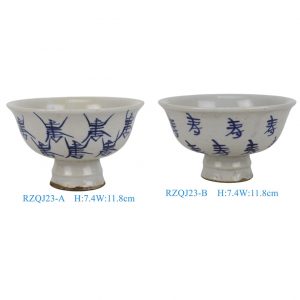 RZQJ23-A-B Antique Blue and White "Shou" Longevity Motif High Foot Porcelain Decorative Bowl