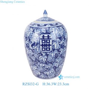 RZSI32-G Wholesale Blue and White Porcelain Melon-shaped Jar with Xi Character(Double Happiness) and Grape Pattern