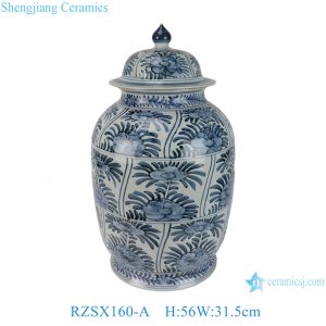 RZSX160-A Jingdezhen Antique Hand Painted Blue and White Folk Peony Motif Porcelain Temple Jar for Home Decor Hotel Living Room