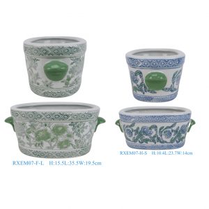 RXEM07-F-L-H-S Wholesale Affordable Green and White Floral Motif Ceramic Oval Flower Pots With Handles