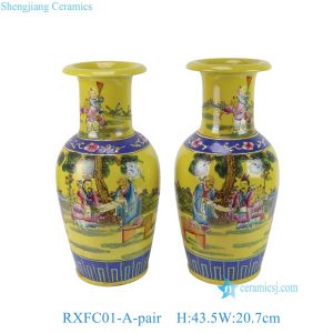RXFC01-A-pair Chinese Famille Rose Yellow Color Ancestor Pattern Porcelain Decorative Vase