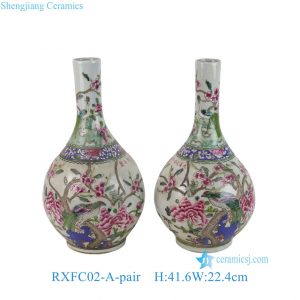 RXFC02-A-pair Pair of Chinese 20th century famille rose Peony Flower and Bird Ceramic bottle vases