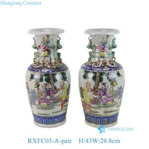 RXFC03-A-pair  19th Century Famille Rose Chinese Ancestor Kids Pattern Porcelain Decoratice Vase Decoration