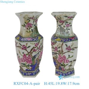 RXFC04-A-pair A PAIR OF FAMILLE ROSE flower and bird hexagonal bottles Ceramic Decorative Vase
