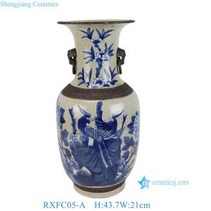 RXFC05-A Jingdezhen Vintage Chinese Crackle Ceramic Blue White Flower Birds Vase