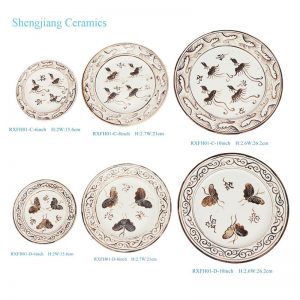 RXFH01-C-D  6/8/10inch Brown and White Phoenix Butterfly Pattern Ceramic Plate Dinnerwares Dish Charger Plate sets