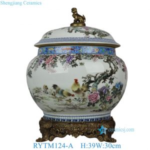 RYTM124-A Qing Dynasty Qianlong Brass-Trimmed Famille Rose Jar with Wisteria & Chicken Motif Foo Dog Finial for Villa Home Decor