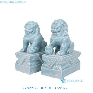 RYXZ20-S Light Sky Blue Pair of Ceramic Guardian Lion Statue for Tabletop