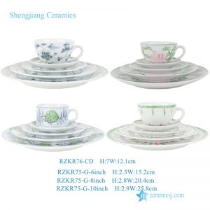 RZKR75-J-G-O-R 6/8/10inch Jingdezhen Handpainted Green and White Pine Tree Twisted Flower Pattern Ceramic Plates Dish Coffee Cups