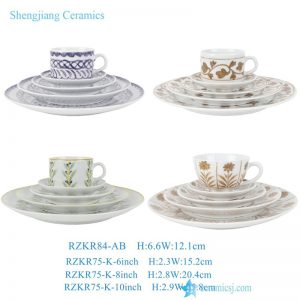 RZKR75-K-P-Q-S -6inch-8inch-10inch Vintage Blue Brown Green Handpainted Pattern Ceramic Plates Coffee Cup Dinnerware Set