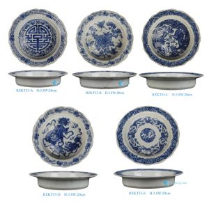 RZKT53-A-B-C-D-E Wholesale Antique Blue and White Bat and Longevity Motif Decorative Plate Bowl with Scalloped Edge