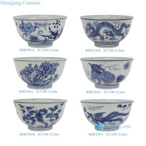 RZKT54-A-B-C-D-E-F 5inch Blue and White Dragon Phoenix Peony Flower Pattern Ceramic Bowl Rice bowl