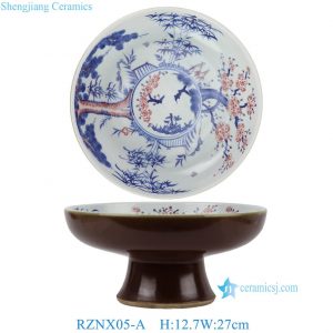 RZNX05-A Hand Painted Blue and White with Underglaze Red Pine-Bamboo-Plum Pedestal Fruit Plate