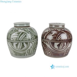 RZSX07-P-Q  Brown, Green and White Handpainted Geometric Texture Pattern Ceramic Lid Pot