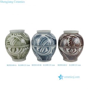 RZSX169-A-B-C  Brown, Green Blue and White Handpainted Texture Pattern Ceramic Pot Vase