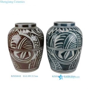 RZSX80-R-S  Brown, Green and White Handpainted Geometric Texture Pattern Ceramic Flower Pot Vase decoration
