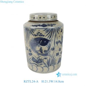 RZTL24-A Antique Looking Blue and White Fish and Alga Motif Cylinder Decorative Lidded Jar for Home Decor